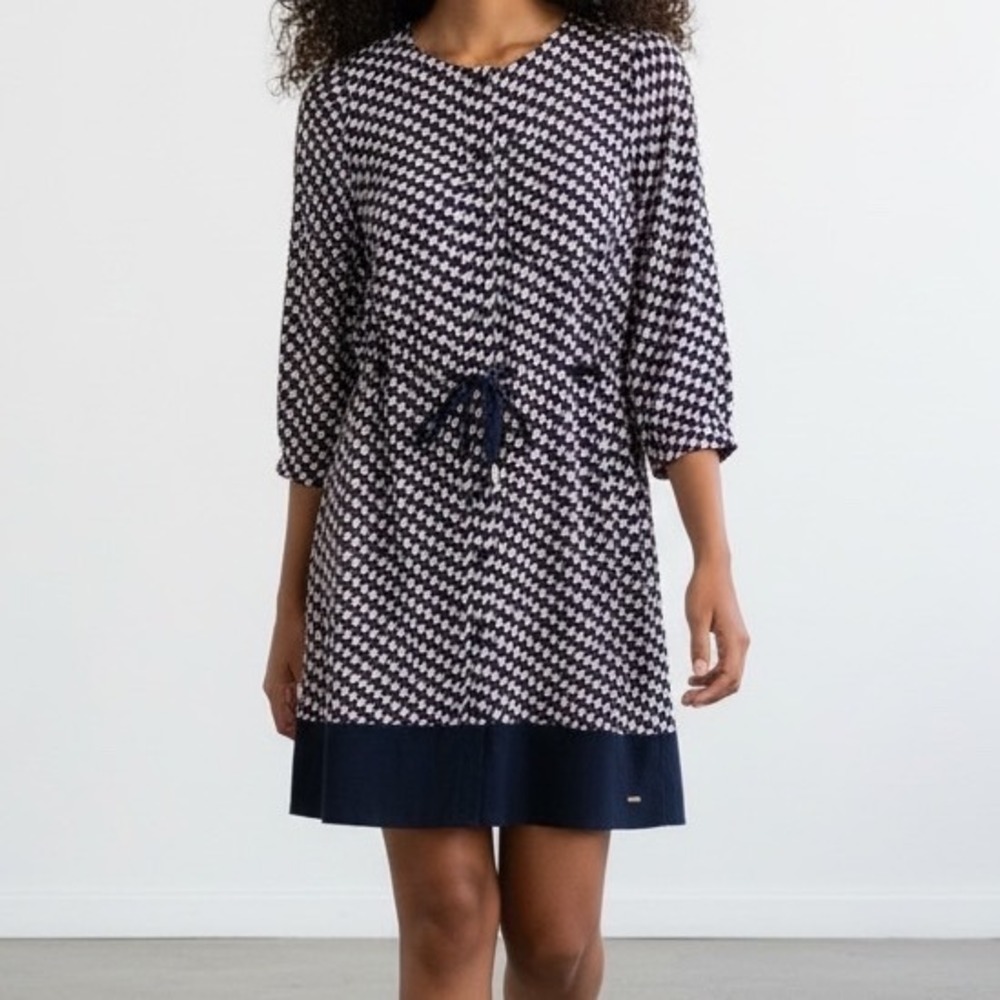 Tommy Hilfiger Adaptive Crepe Mini Shirt Dress Navy Blue Geo Print NEW size XS